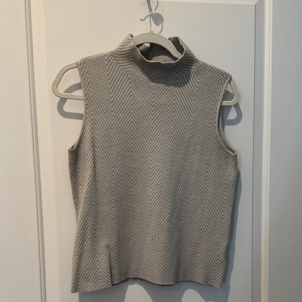 Beige by eci Sleeveless Mock Neck Top in Light Gray Herringbone